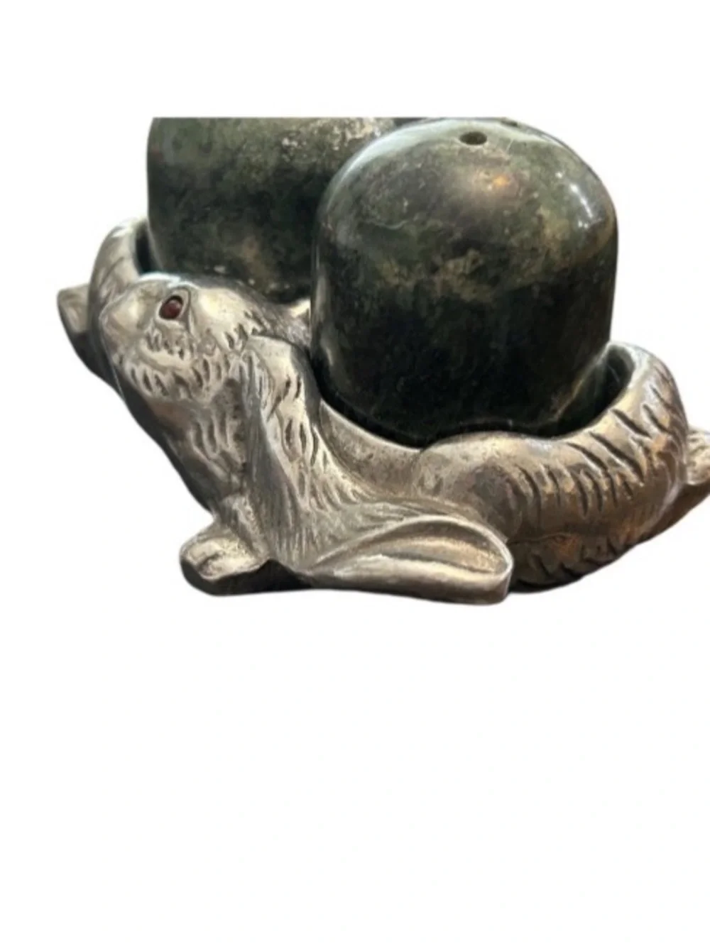 Vintage Arthur Court Rabbits Salt & Pepper Shakers Marble Aluminum Red Stone Eye